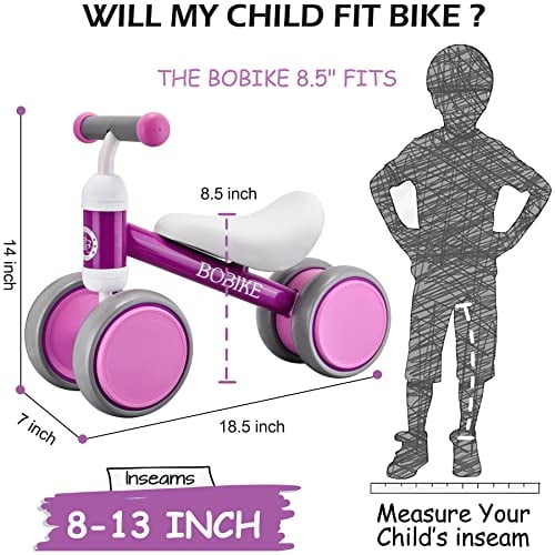 bobike baby balance bike juguetes para niños de 1 año niñas 10-24 meses juguete para niños bobike bobike. Bicicleta de equilibrio multicolor con cuadro morado y detalles rosa, asiento blanco bajo, manillar blanco con empuñaduras rosadas y cuatro ruedas dobles gris y rosa; gráfico muestra asiento a 8.5 pulgadas y largo 18.5 pulgadas; adecuada para entrepiernas de 8–13 pulgadas y niños de 10–24 meses, y a menudo se usa para introducir habilidades de equilibrio en interiores.