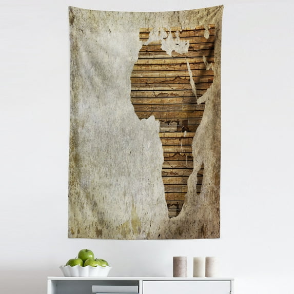 African Tapestry, Geography Theme Grunge Vintage Wooden Plank and Map Digital Print, Fabric Wall Hanging Decor for Bedroom Living Room Dorm, 5 Sizes, Tan Umber and Brown, by Ambesonne
