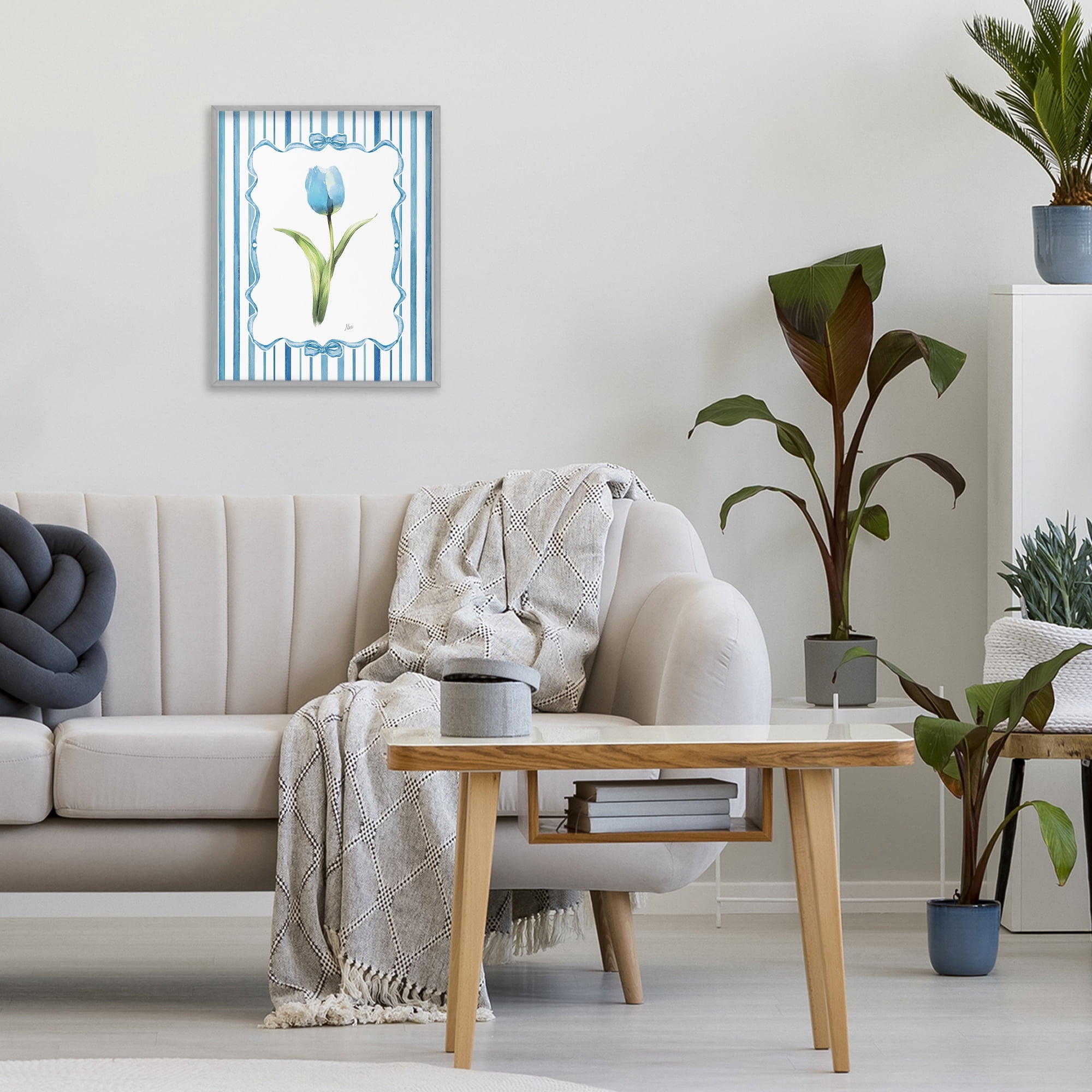 Stupell Industries Single Blue Tulip Stripes Gray Framed Giclee Art, design by Nan