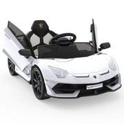 BROADFASHION Ride on Car for Kids 12V Licensed Lamborghini Electric Vehicles Battery Powered Sports Car with 2.4G Remote Control, 2 Speeds, Sound System, LED Headlights and Hydraulic Doors, White