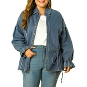 MODA NOVA Junior Plus Size Long Sleeve Drawstring Denim Jackets Blue 1X