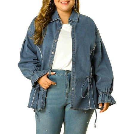 MODA NOVA Junior Plus Size Long Sleeve Drawstring Denim Jackets Blue 1X