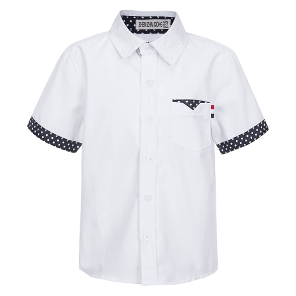 RUNQHUI Boys Short Sleeve Lapel Collar Button Closure Shirt Formal Dress Shirt Tops School Uniform Suit Summer Casual Clothes White 150
