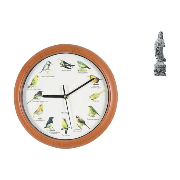 Reloj de pared con pájaro cantor, estatua de Guan Yin, adorno de piedra, relojes de pared decorativos, decoración budista Feng Shui para cocina, hogar
