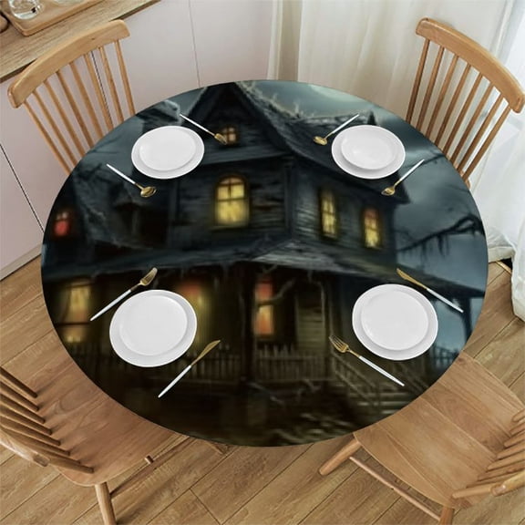 HAOXIT Halloween Round Table Cloth, Halloween Style Pattern, Elastic Edge, Waterproof and wipeable, Suitable for Wedding/Banquet/Restaurant/Party, Fit for Round Table 31-35