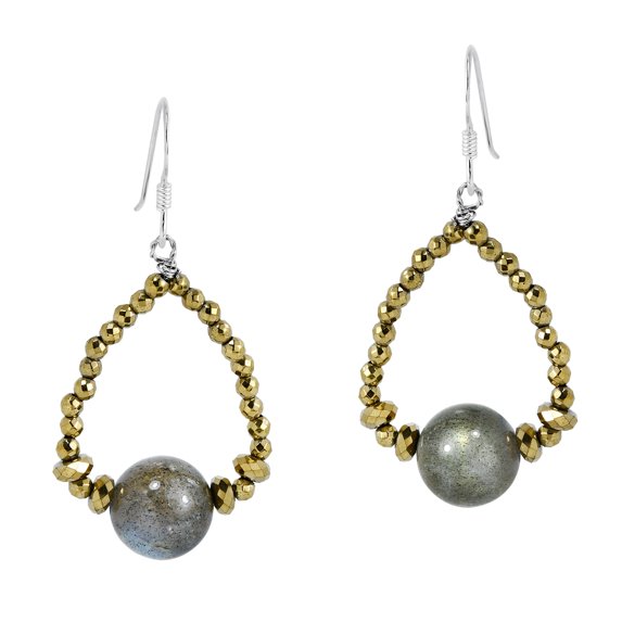 AeraVida Metallic Teardrop Beads and Round Labradorite Sterling Silver Dangle Earrings