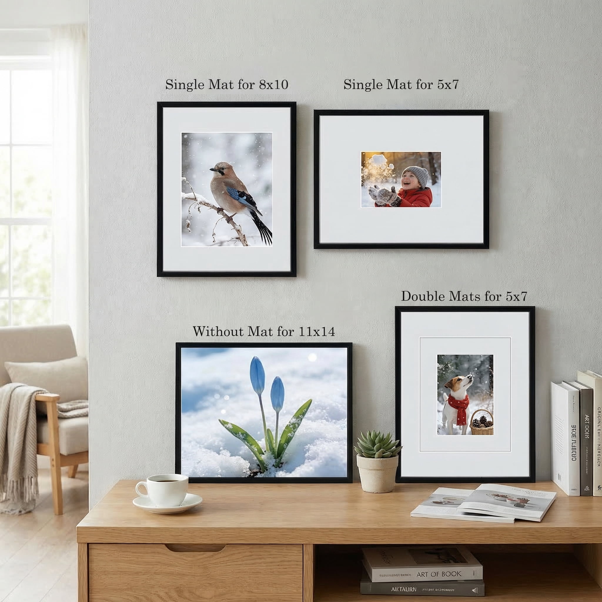 11x14 Black Picture Frame with Double White Mat Set of 4, for 5x7 to 11x14 Photos
