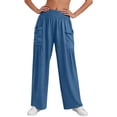 thumbnail image 4 of Favoffer Women Elastic Waist Long Pants Solid Color Ruched Casual Pants Breathable Relaxed Fit Bottoms Fold Hem Pants with Side Pockets for Daily Lounge, 4 of 7