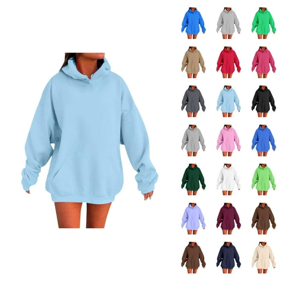 Women's Basic Plain Hoodie Fall Winter Long Sleeve Drop Shoulder Casual Hooded Sweatshirt with Pockets Pullover Tops