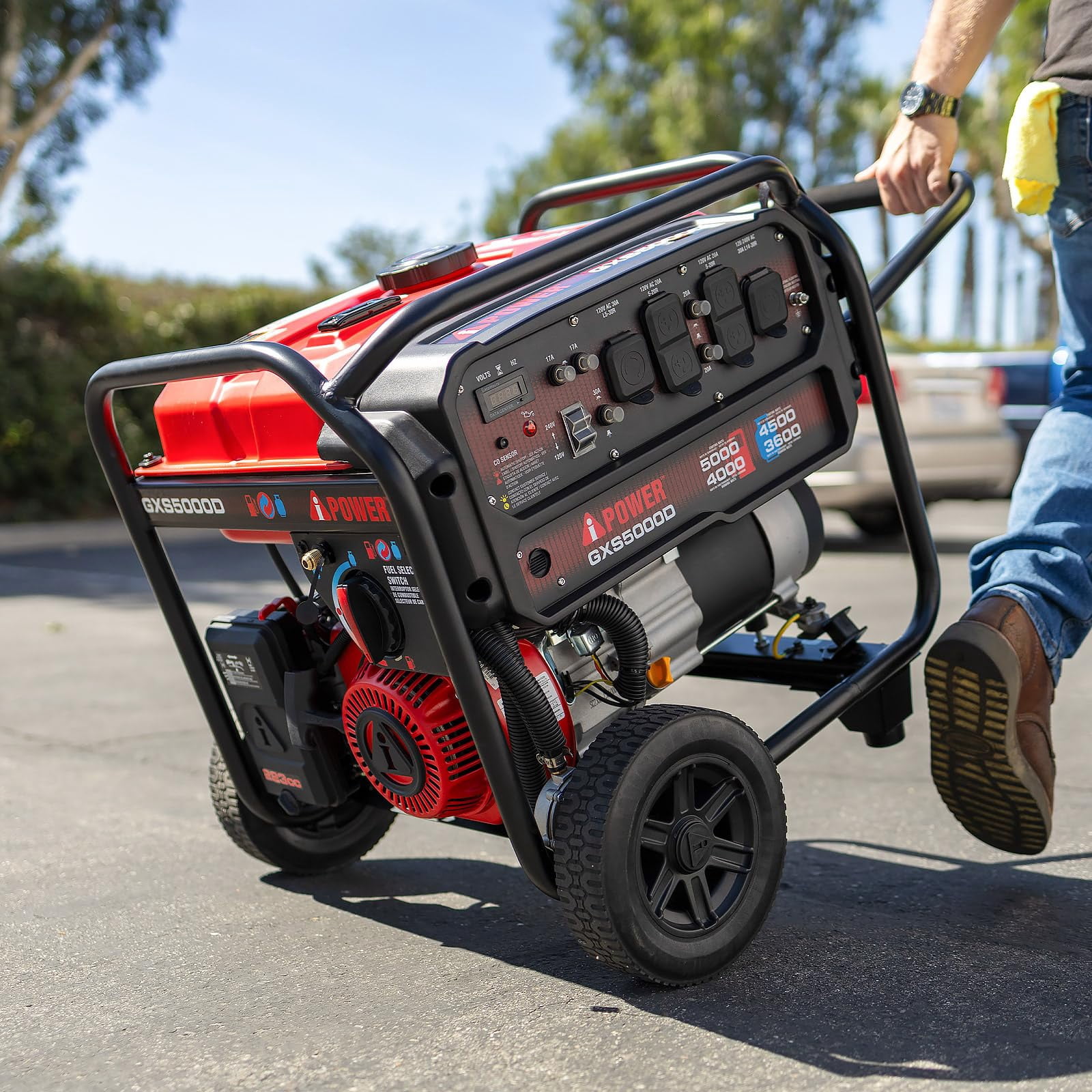 A-iPower 5000 Watts Recoil Start Dual Fuel Portable Generator with CO Sensor, 120/240V, Wheel & Handle kits