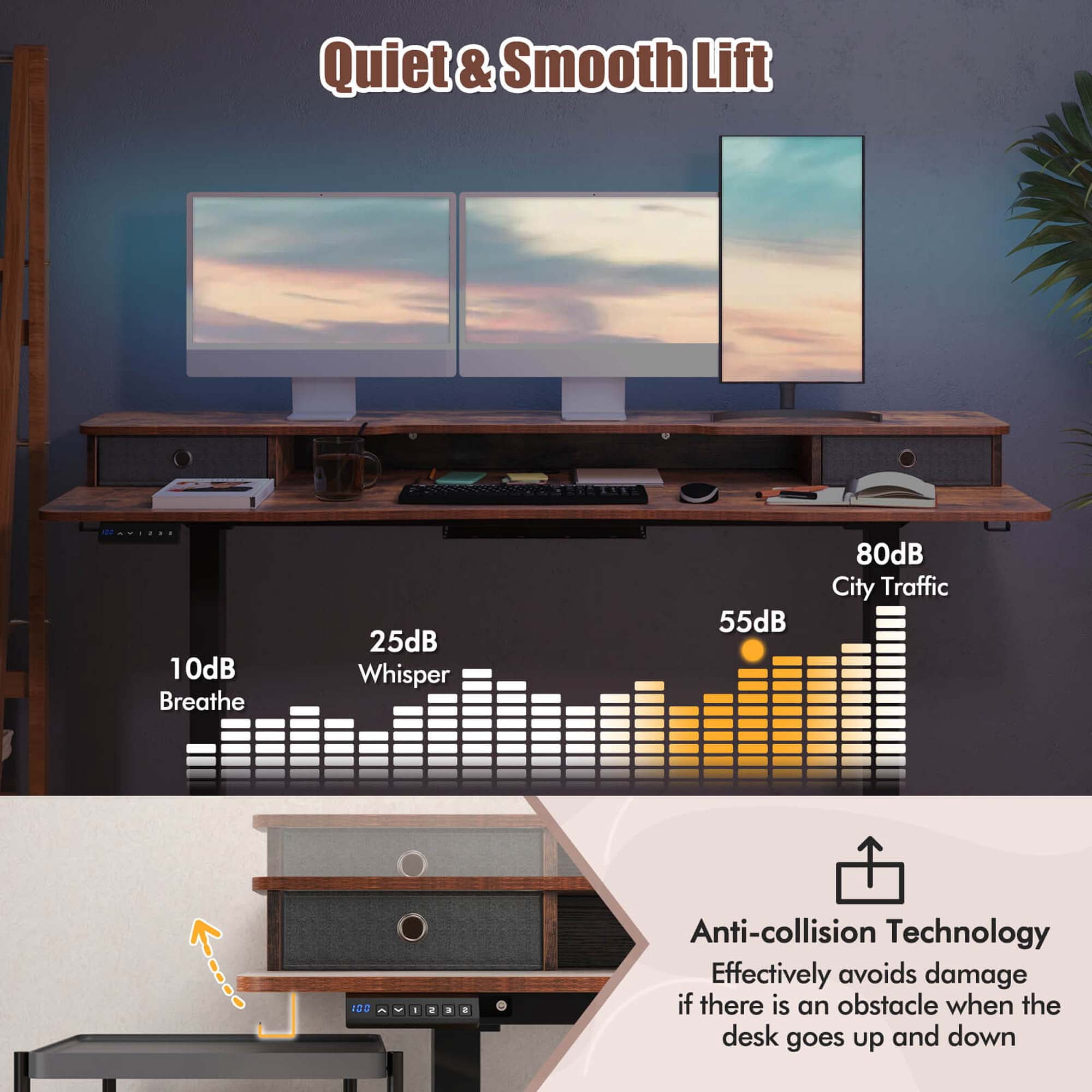 Costway 63" x 24" Electric Standing Desk with 2 Drawers Monitor Stand Storage Shelf Brown
