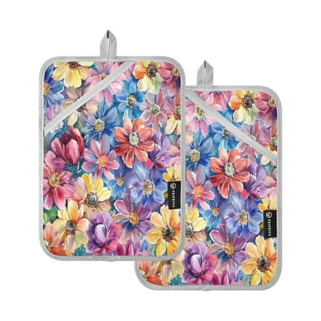 

Pot Holders Set of 2 Heat Resistant Potholders for Kitchen Easy Grip Oven Mitts for Microwave Oven Baking Kitchen BBQ Colorful Watercolor Flowers