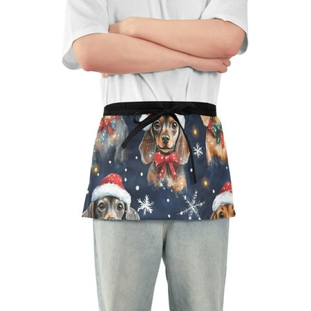 

Christmas Dogs and Snowflakes Waist Apron Adjustable Server Half Apron Kitchen Cooking with 3 Pockets for Men Women
