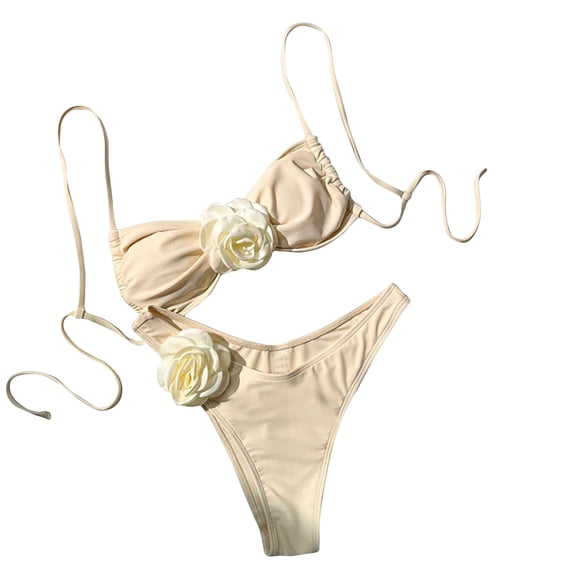 UTSJKR Women's Drawstring Stretch Flattering Bikini 3D Rose Embellished Swimwear Solid Color High Waisted Swimsuit Yellow XL