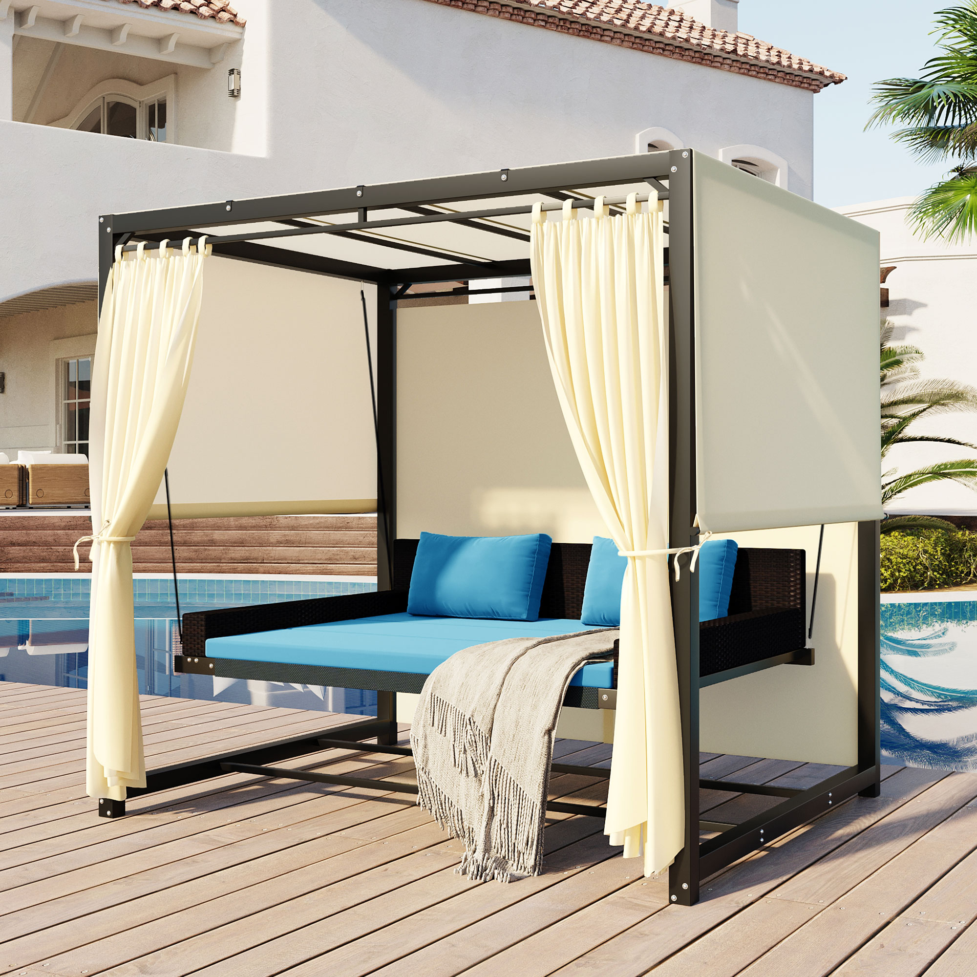[VIDEO provided]2-3 People Outdoor Swing Bed,Adjustable Curtains,Suitable For Balconies, Gardens And Other Places - image 1 of 9