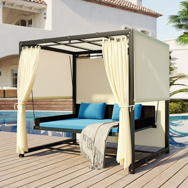 [VIDEO provided]2-3 People Outdoor Swing Bed,Adjustable Curtains,Suitable For Balconies, Gardens And Other Places