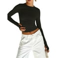 thumbnail image 2 of Women T-shirt, Long Sleeve Solid Slim Crop Top with Thumb Holes, 2 of 5