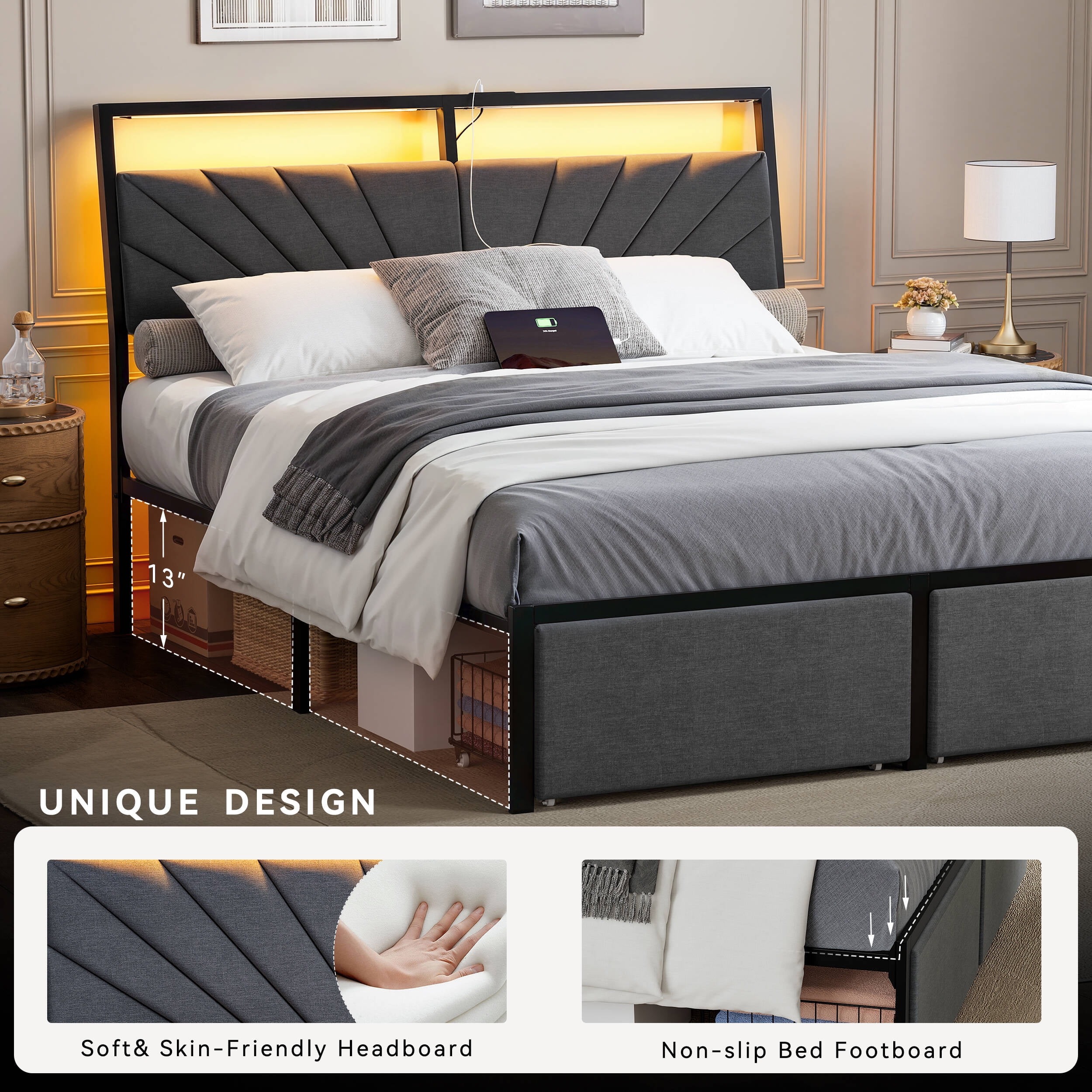 GUNAITO Full Bed Frame with Storage Drawers, Platform Bed with Ergonomic Tilted Upholstered Headboard , Metal Bed with Charging Station and LED, Dark Gray