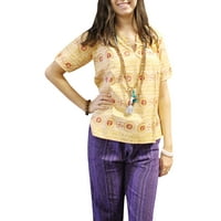 Mogul Womens Beige Yoga Top Cotton Hindu Symbols Print Bohemian Blouse Half Sleeves Gypsy Chic Kutra S