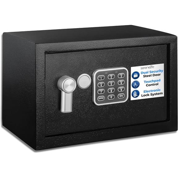 SereneLife Electronic Safe Box | Heavy-Duty 13.8’’ x 9.8’’ Small Lockbox | Digital Keypad Code & 2 Key Override | Compact Money Safe for Cash, Jewelry, Valuables | Wall & Floor Mountable Storage