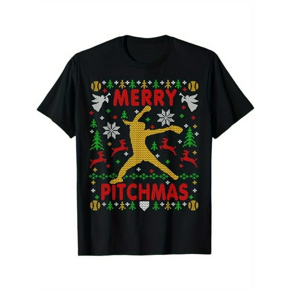 Merry Pitchmas Fastpitch Softball Pitcher Ugly Christmas T-Shirt, 100% Cotton, Gifts for Men Dad Husband Grandpa, S-XXXL, Black