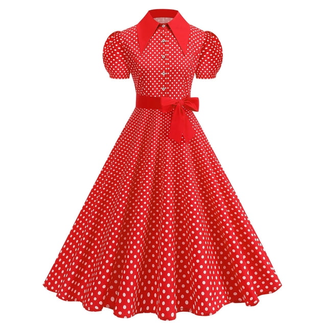 TaTaai Womens Casual Vintage Polka Dot Print Stand Collar Short Sleeve Button Down Flared Dress Elegant Fashion Lightweight Spring Summer Outfits Gift