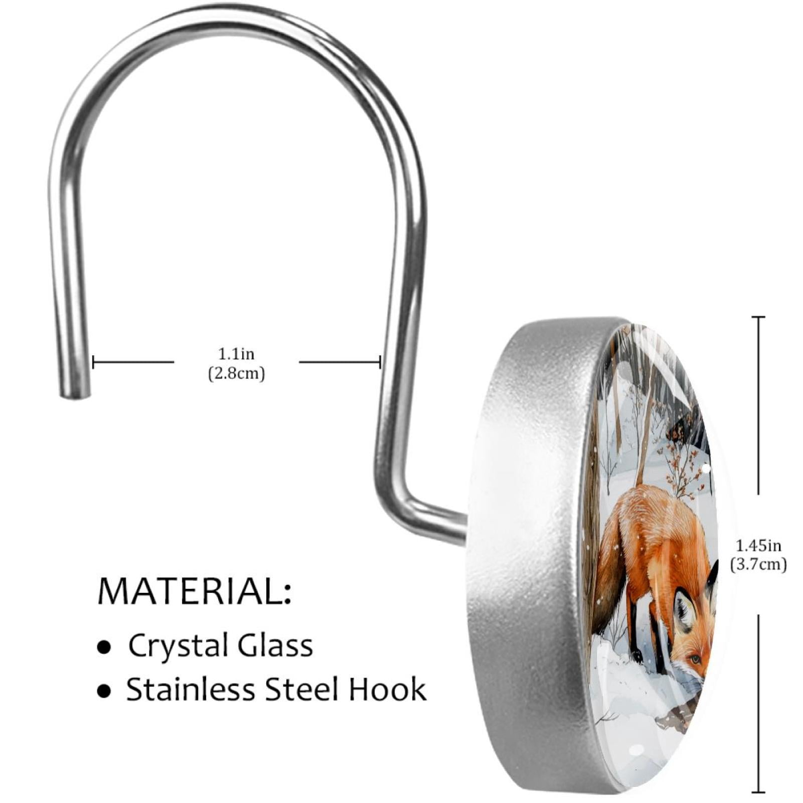 Foxes on Cold Snow Forest Shower Curtain Hooks Round Crystal Glass, Set of 12 Shower Curtain Rings - Shower Hooks for Curtain Shower Rings