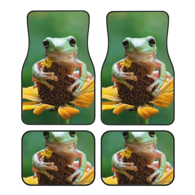 Daiia Tree Frog Sitting On Sunflowes Printed Car Floor Mats Set of 4, Durable Non Slip Auto Floor Carpet, Car Interior Carpets Proof Foot Pads Anti-Slip Cushion Automoetive Accessories