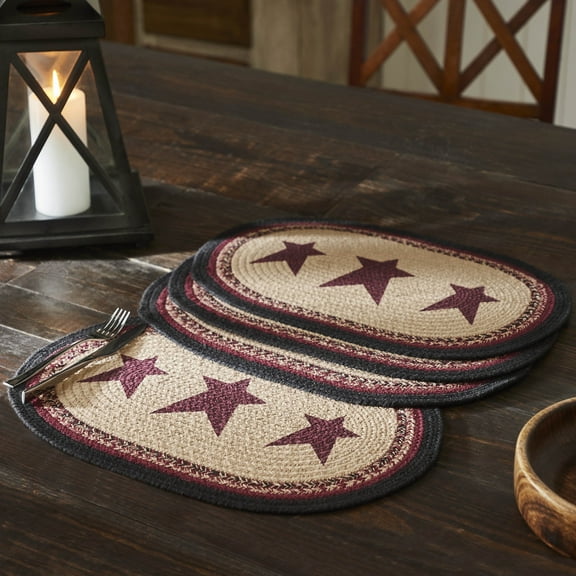 VHC Brands Braided Cotton Placemat 13x19 Set of 4, Cotton Dining Room, Kitchen Placemat, Dining Table Placemats, Woven Place Mat, Stenciled, Connell Collection, Oval 13x19, Stars, Burgundy