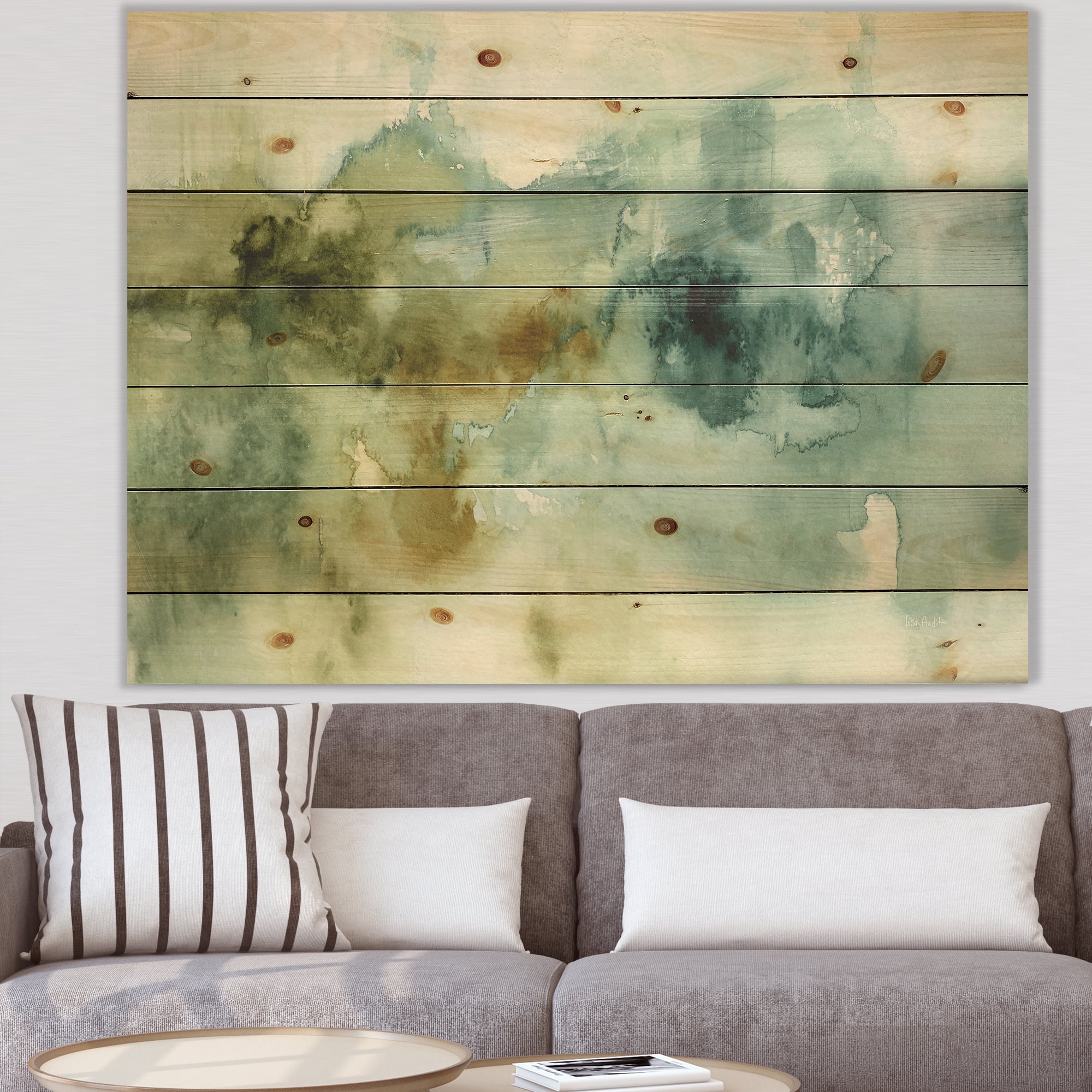 Designart 'Watercolor Abstract Green House' Modern & Contemporary Print on Natural Pine Wood