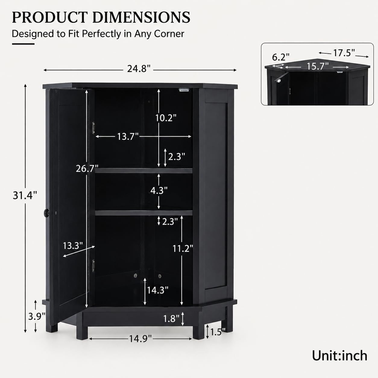 31" Corner Storage Cabinet, Wood Freestanding Triangle Floor Cabinet with Door & Shelves, Black