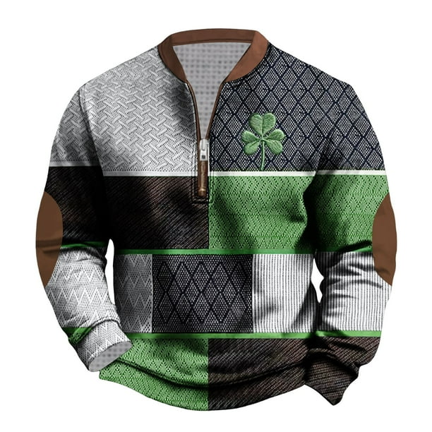Penkiiy Día de San Patricio Shamrock Patch Chest Print 1/4 Zip Sweatshirt 4XL Blanco