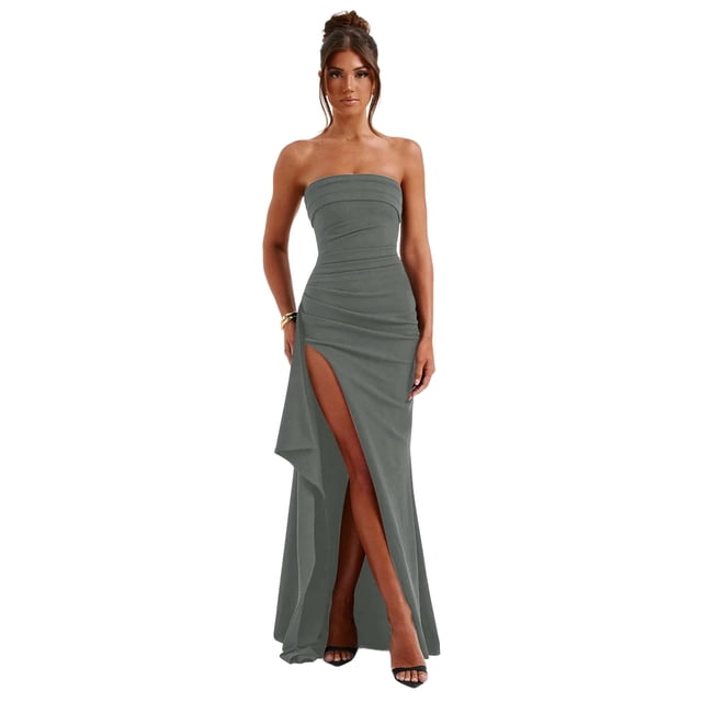 Vestido de fiesta GDJDIFK, sin tirantes, chifón fruncido, gris sirena