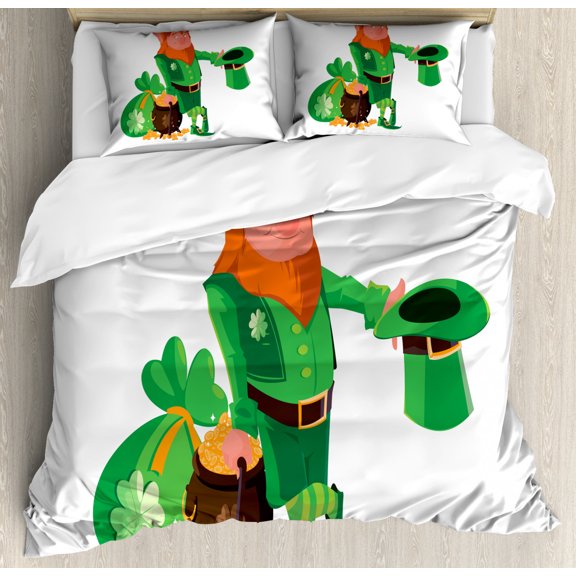 Elf Duvet Cover Set King Size, Cheeky Saint Patrick's Leprechaun Smiling with a Treasure Shamrock Theme, Decorative 3 Piece Bedding Set with 2 Pillow Shams, Fern Green and Multicolor, by Ambesonne