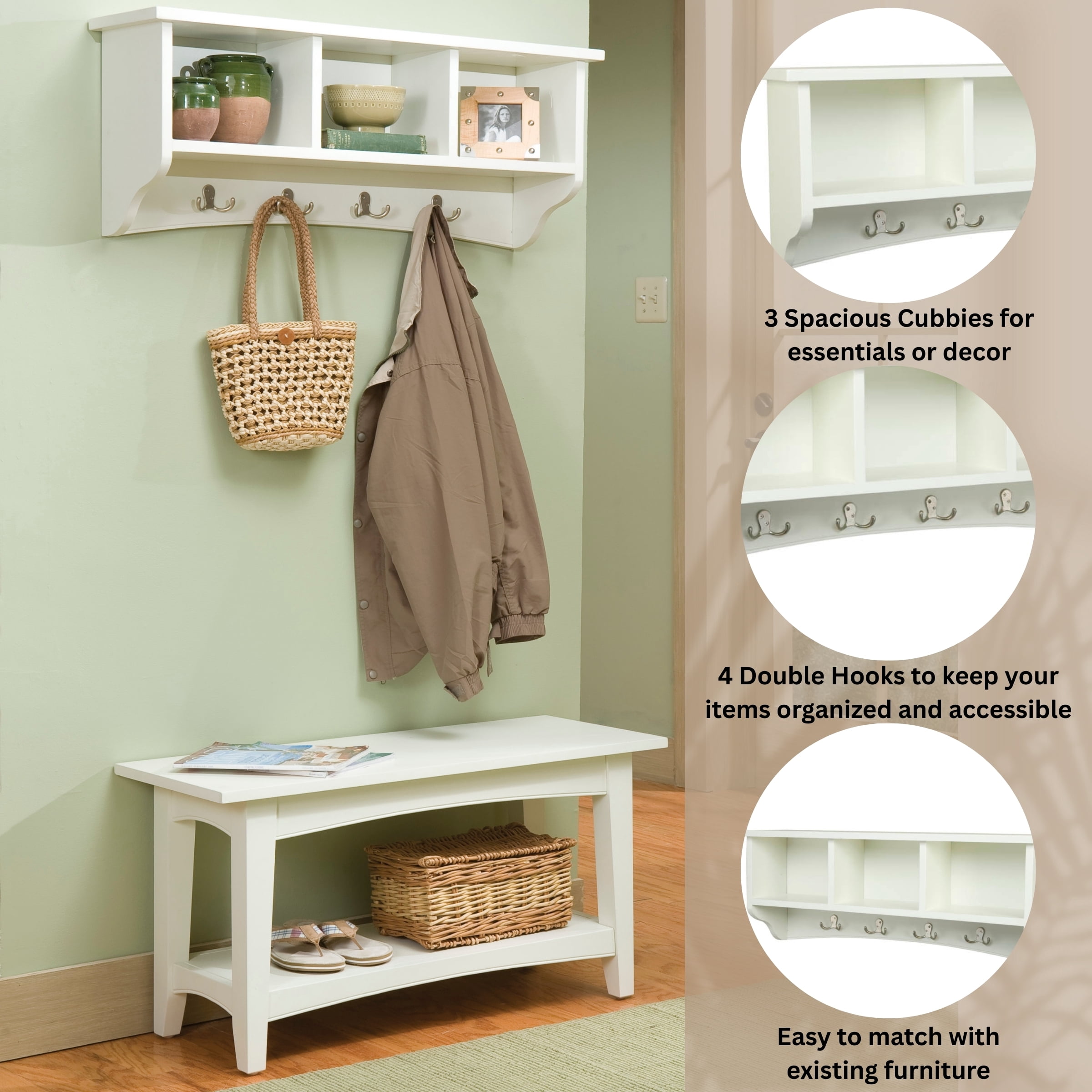 Alaterre Furniture Shaker Cottage Coat Rack with 3 Open Shelves, Wall Mounted Storage, Transitional Design for Entryway Storage Organization, Ivory