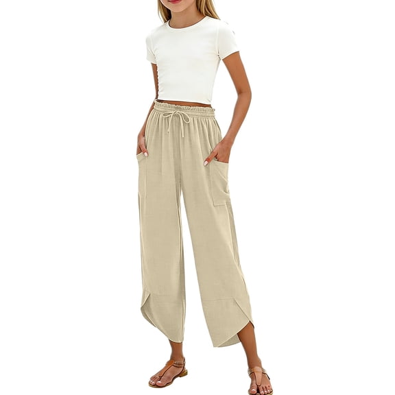 UACY Girls Pants Linen Summer Casual Capri Pant Drawstring Elastic High Waist Lounge Wide Leg Cropped Trouser with Pockets (Khaki, 12-13 Years)