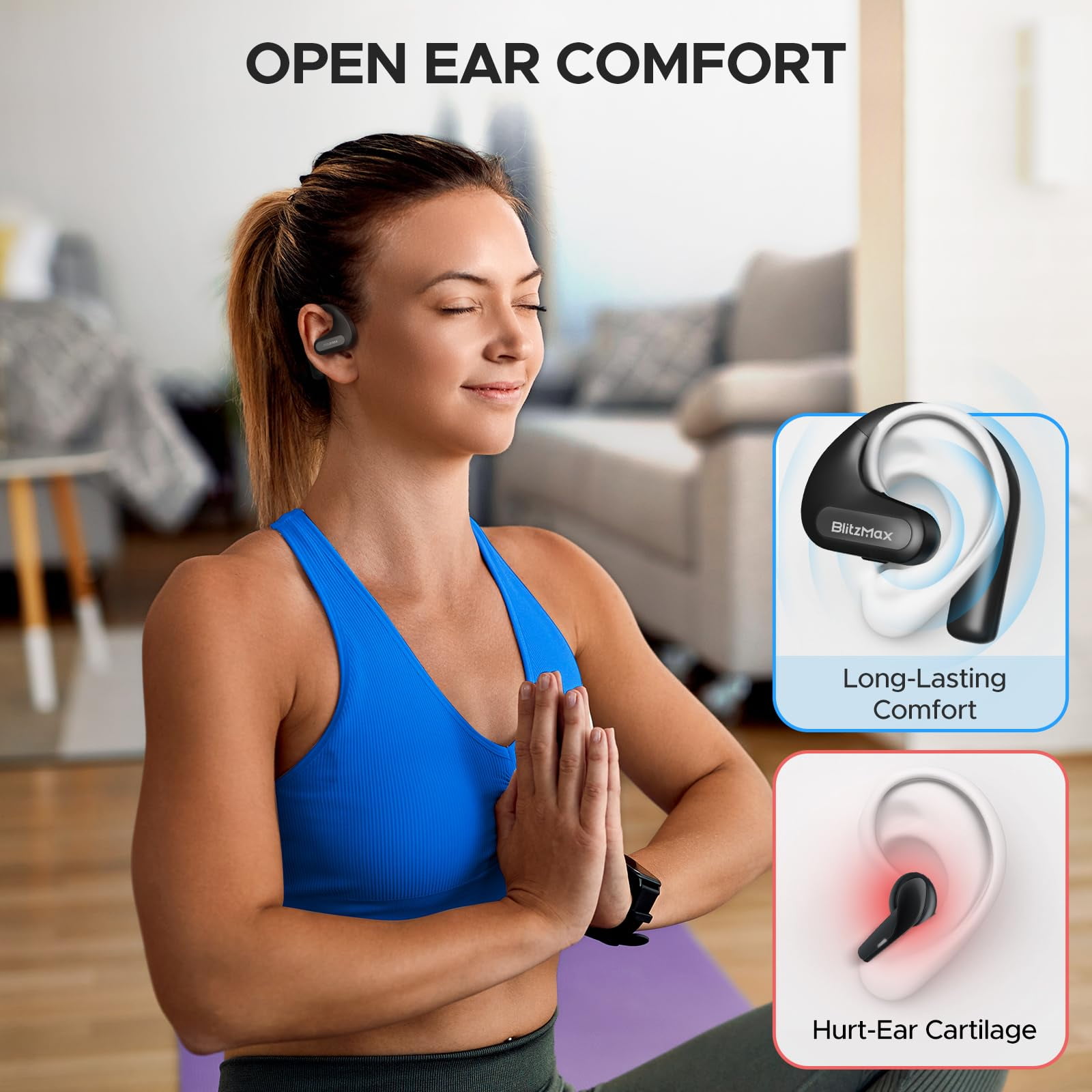 BlitzMax Open Ear Headphones,True Wireless Bluetooth 5.3 Open Ear Earbuds, Enhanced Bass 16.2mm Drivers, Long-Lasting Comfort, 60H Playtime LED Display, IPX5 Waterproof for Sports, Driving