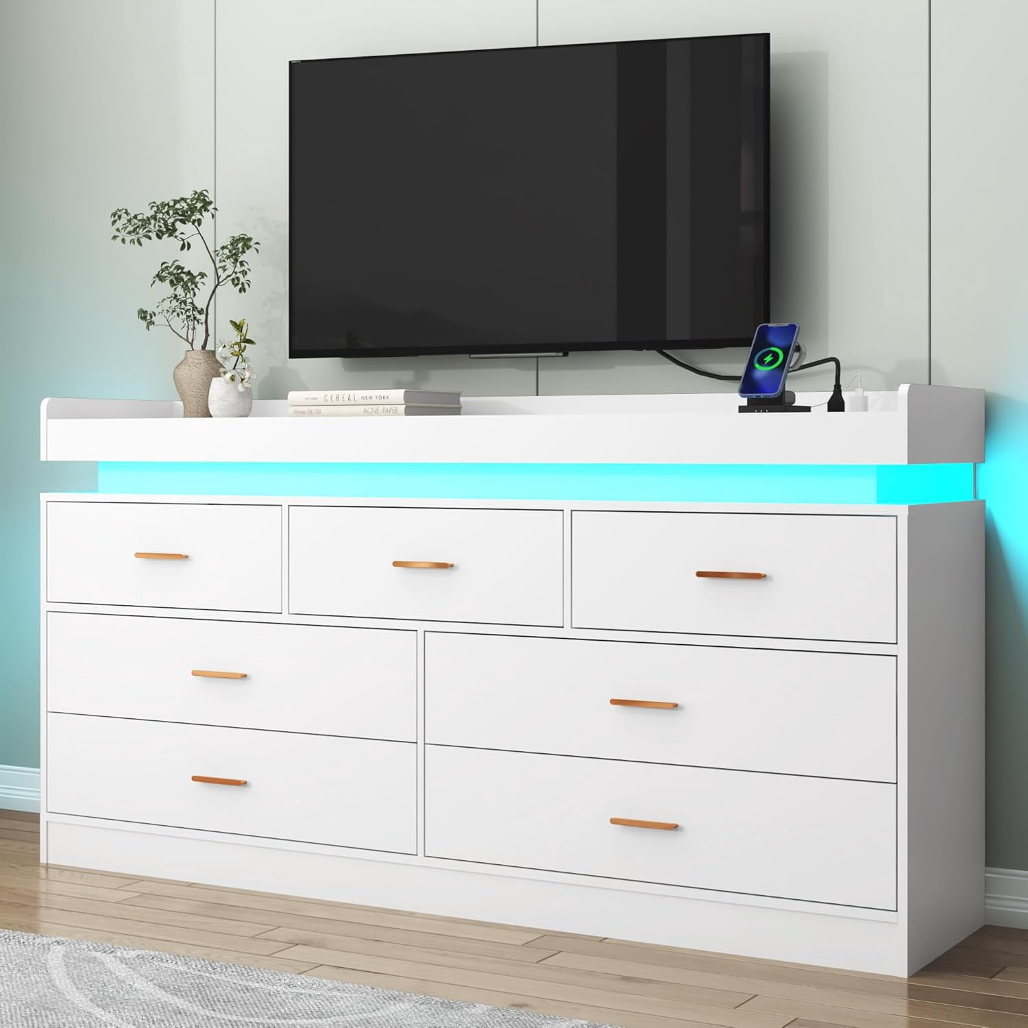 ChVans White Dresser with LED Light and Charging Station, Modern Wood Dresser with Wide Drawers and Metal Handles, 7 drawer dresser for Bedroom, Living Room, Entryway, Hallway