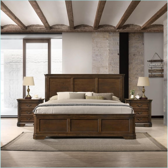 Bedroom Set, Traditional 3-Piece King Size Panel Bed with 2 Nightstands, Walnut Brown | Solid Wood | Standard Beds