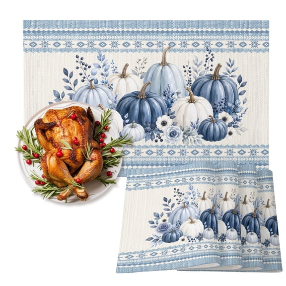 Blue Pumpkin Autumn Thanksgiving Placemats Set of 6 PCS, Wipeable Kitchen Placemats Washable Table Mats, Table Mat for Dining Room Indoor & Outdoor