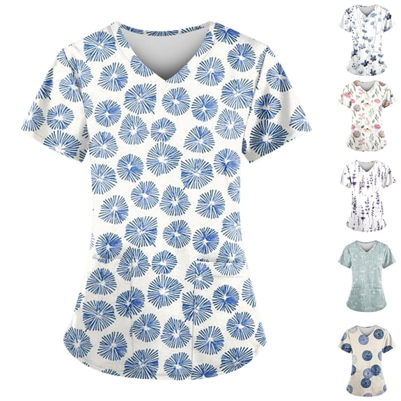 Plus Size Printed Scrub Tops for Women Short Sleeve V Neck Nurse Uniform Floral Pattern Stretch Medical Top with Storage Pockets Purple 5XL