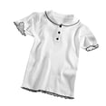 thumbnail image 4 of Camisa de punto Mujer Verano con volantes Manga corta Cuello de muñeca Casual Top, Blanco Scienceny AP001288-01B, 4 of 7