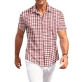 thumbnail image 2 of Fabrcox Men's Short Sleeve Button Down Shirts Plaid Collared Fishing Shirt for Men Summer Color Block Lightweight Sun Shirt Men Red XXXL, 2 of 6