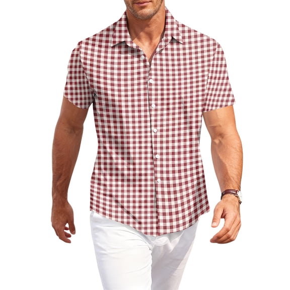 OIOLOYJM Mens Short Sleeve Button Down Shirts Casual Stretch Plaid Classic Fit Business Work Shirts Summer Lightweight Outdoor Beach Vacation Travel Lounge Blouses Deep Red L