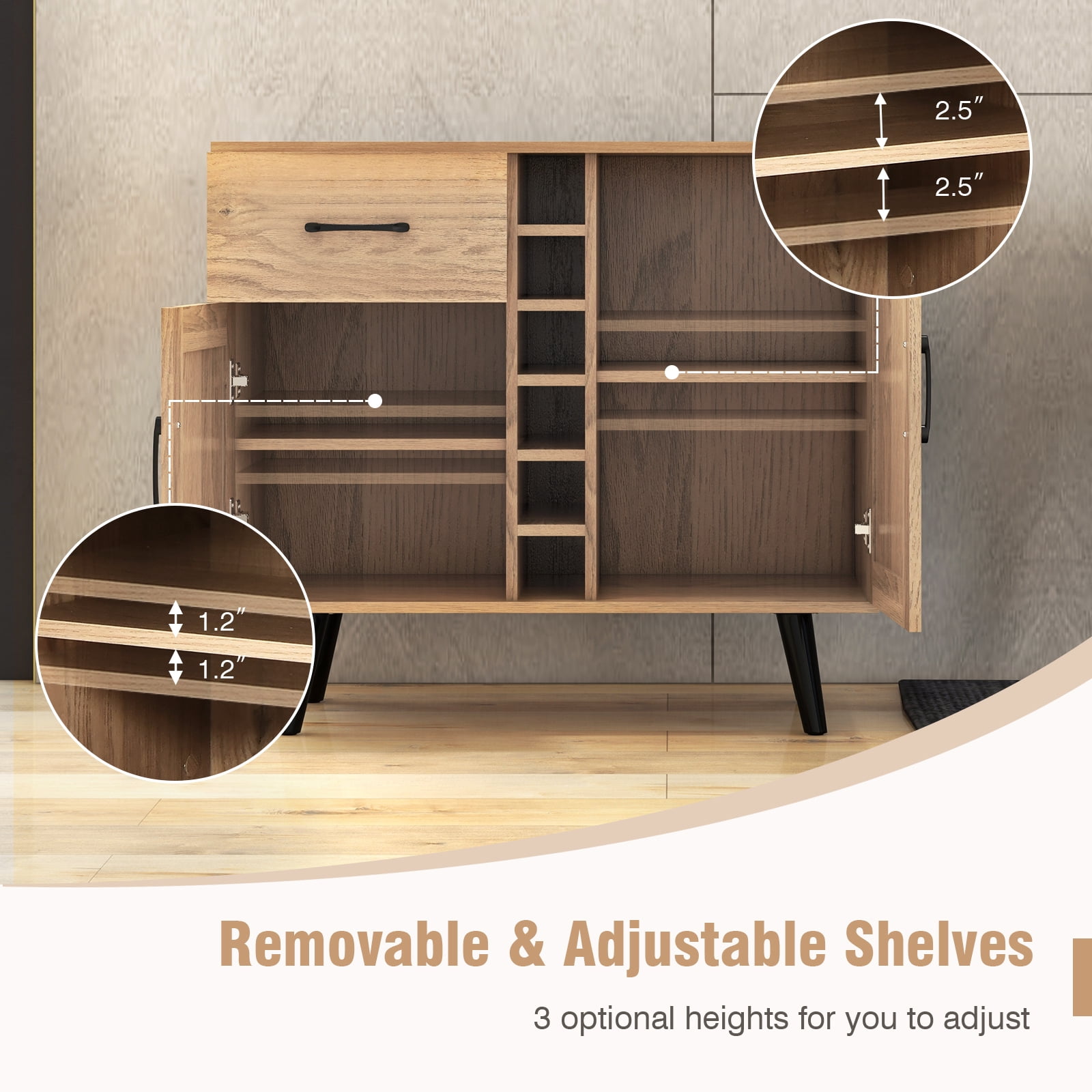 Costway 2-Door Wine Bar Cabinet Kitchen Sideboard Buffet with Drawer & Adjustable Shelves Natural