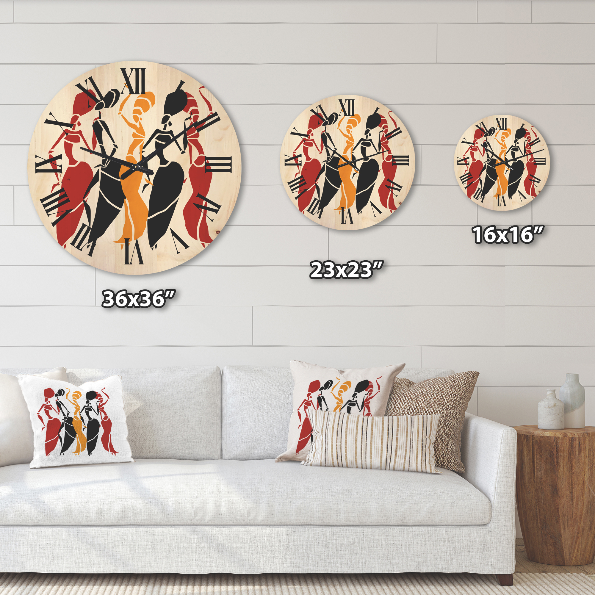 Designart 'Beautiful Red Black and Yellow Dancers Afro American Silhouettes' Modern Wood Wall Clock
