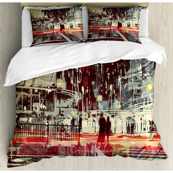 Modern Duvet Cover Set, Urban City Streets at Gloomy Night with People Downtown Dramatic Illustration, Decorative 3 Piece Bedding Set with 2 Pillow Shams, Queen Size, Red Blue Grey, by Ambesonne