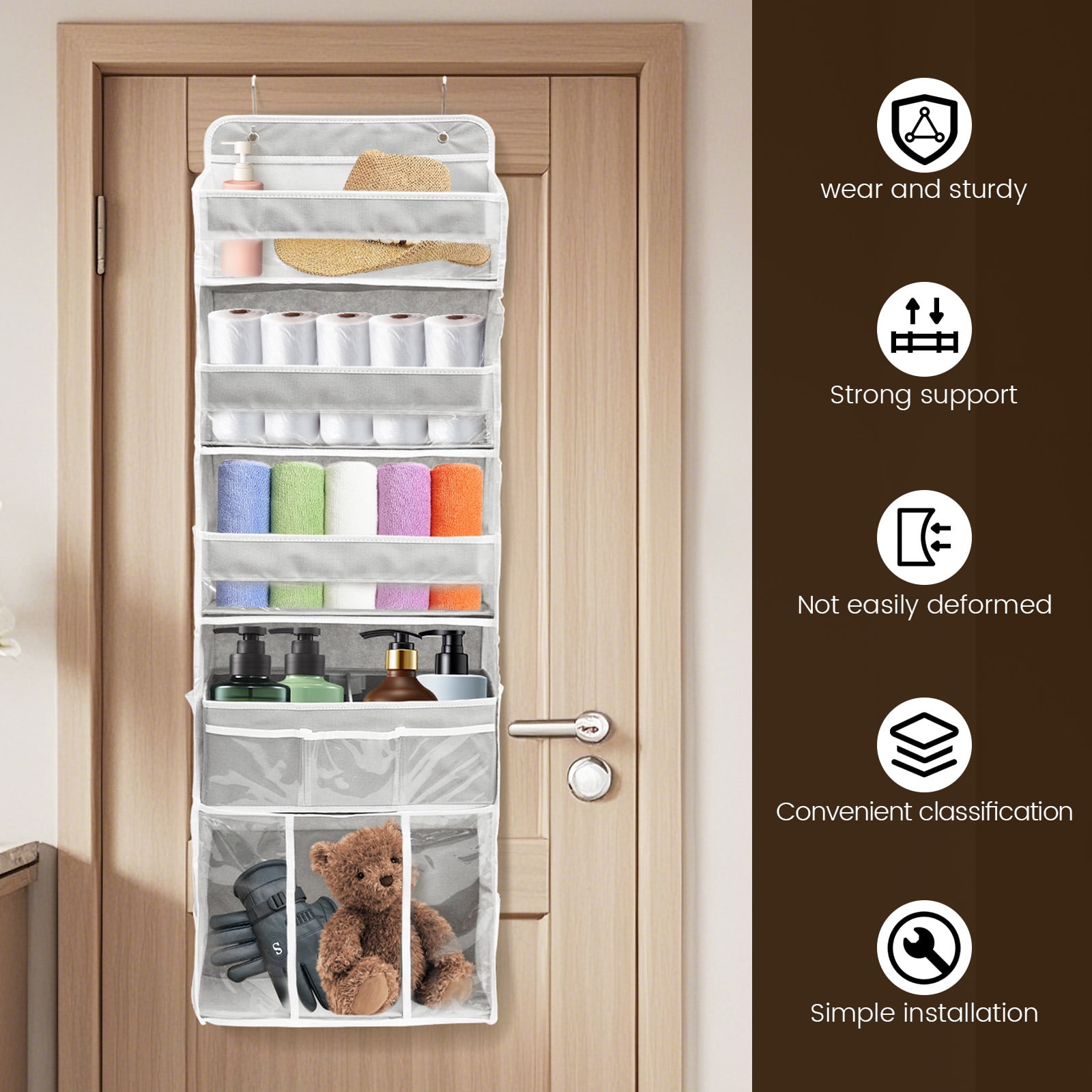 Door Hanging Storage Organizer,with 3 Bins 1 Movable Baby Diaper Caddy,1 Large capacity diaper stacking storage Organizer,10 Side Pockets ,Bedroom Door Storage for Nursery Baby Essentials