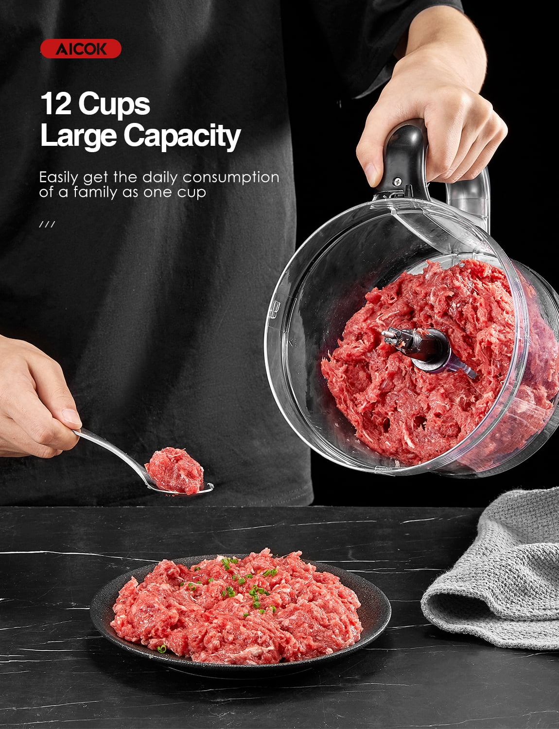 Aicok 12 Cup Food Processor, 6 Functions for Chopping, Slicing, Shredding Purees & Dough, Black