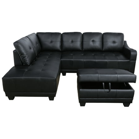 Right Arm Facing Sectional Sectional Sofa_AYCP Furniture_Black Faux Leather Sectional Sofa with Cup Holder on the Arm and Storage Ottoman, Left Hand Facing Chaise, More colors and styles available ()